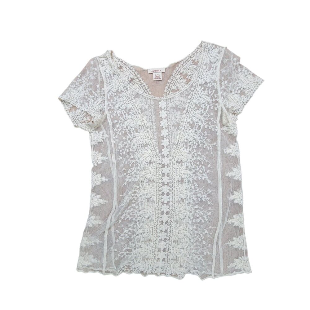 Sundance White Lace Sheer Top Short Sleeve Shirt Boho Layer Fairy Womens Size S